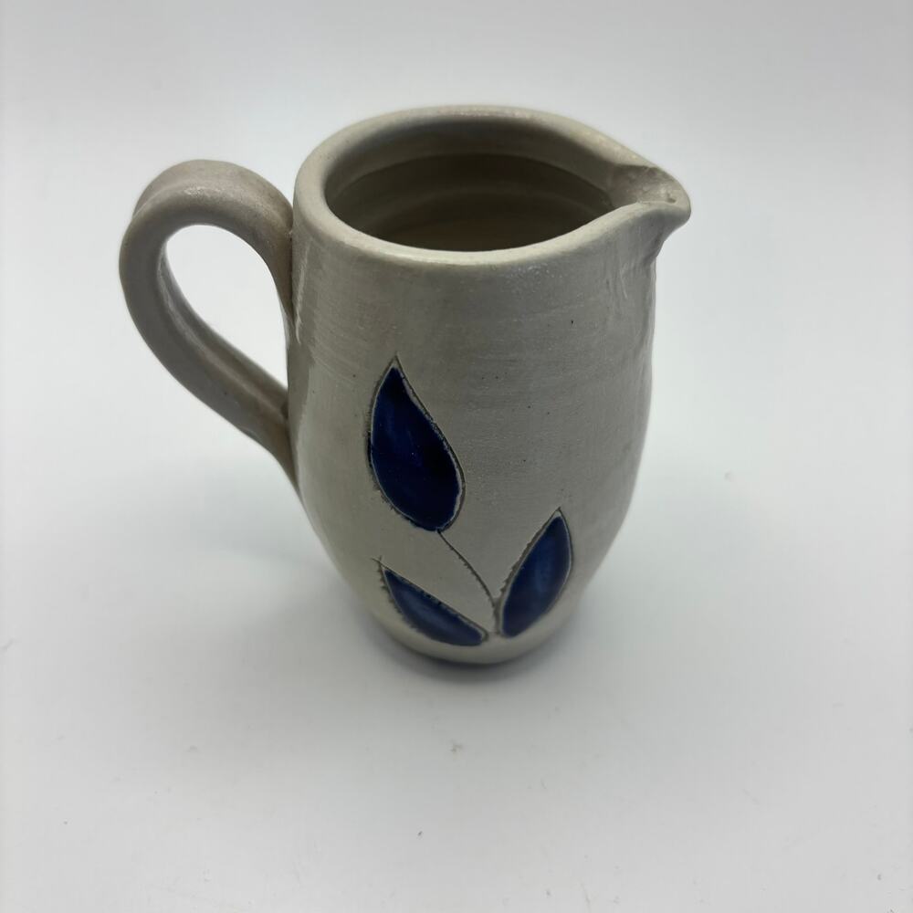 Handmade Studio Pottery Mini Creamer Pitcher Blue Leaf Rustic Ceramic